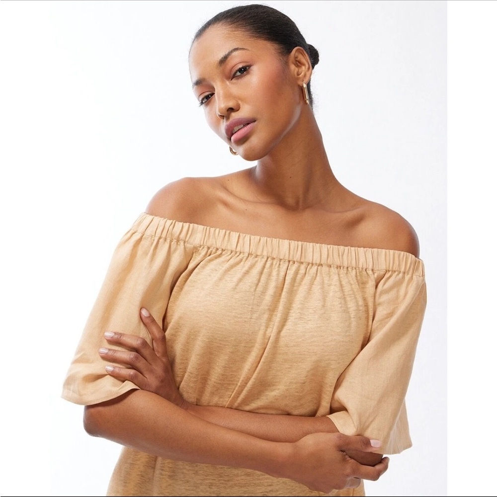 Chico's Linen Off The Shoulder Blouse Top Elbow Sleeve Beachy Boho Coastal Tan
